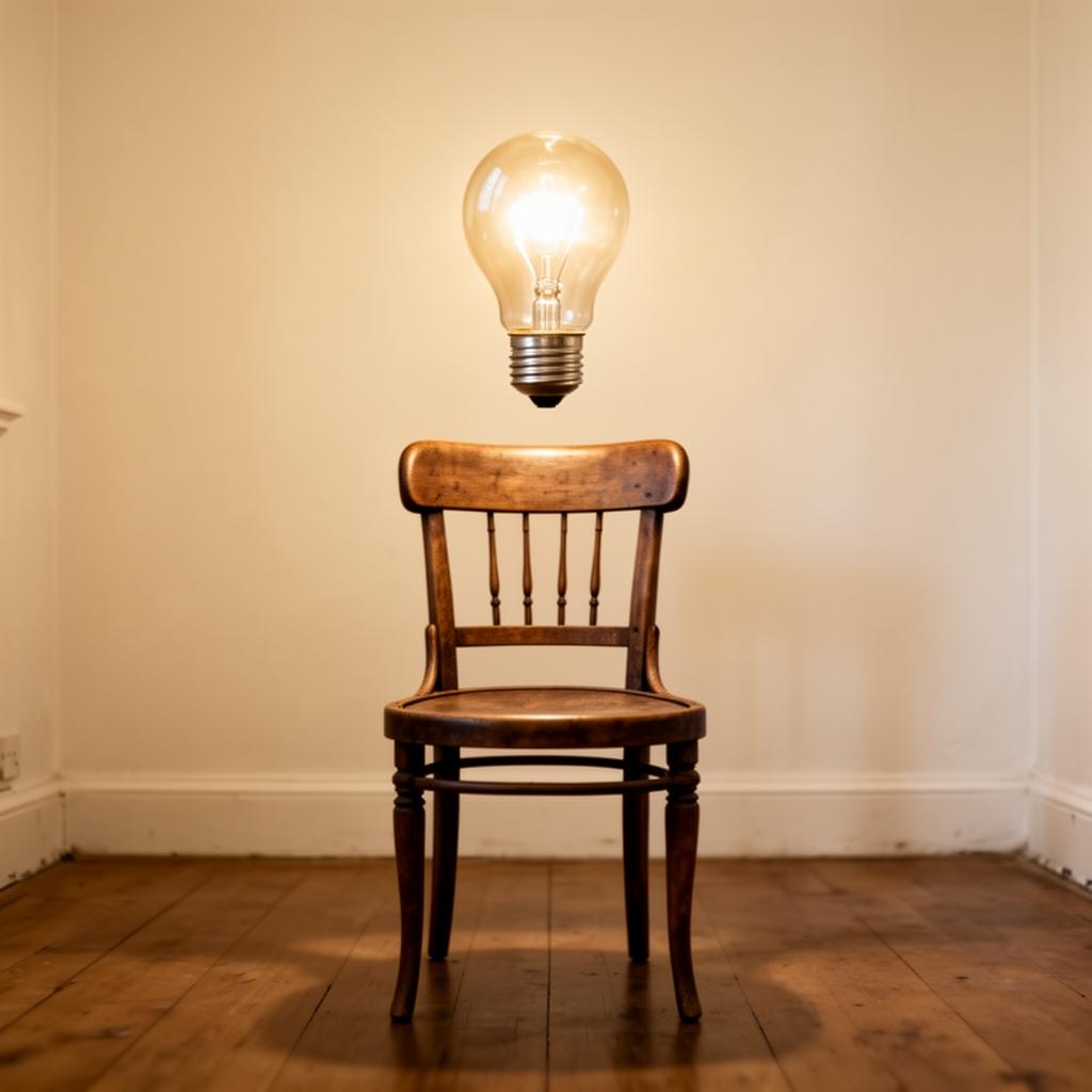 A vintage chair with a glowing lightbulb hovering above it