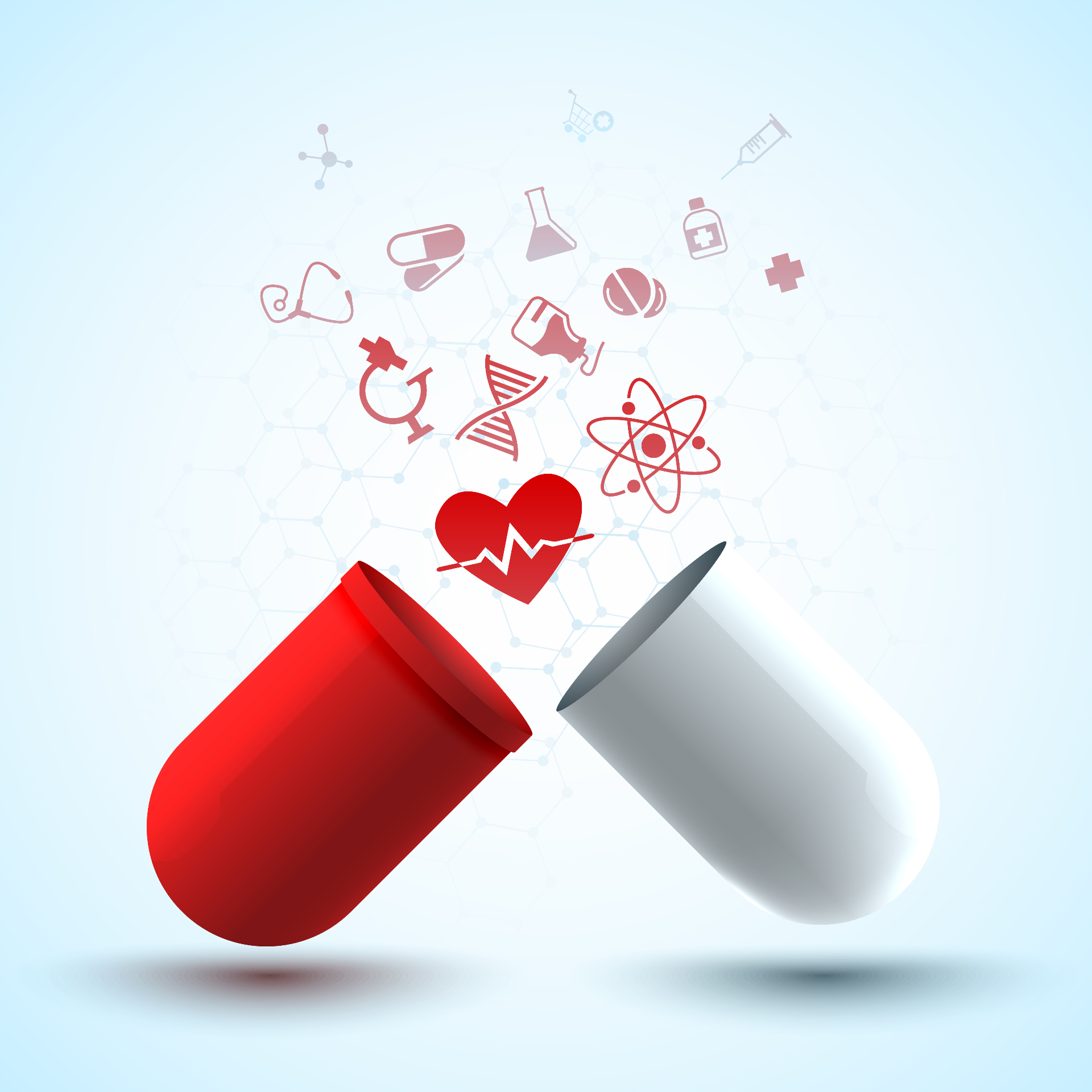 An open red and white capsule with medical icons floating out